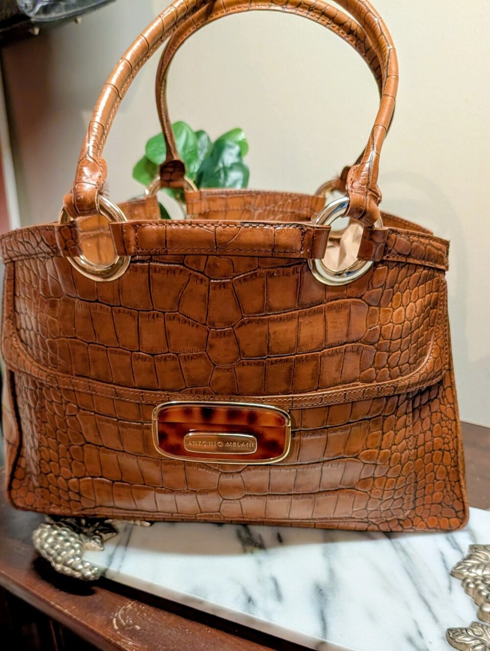 ANTONIO MELANI Y2K Tortoise Cognac Croc-Embossed Satchel with Gold Accents